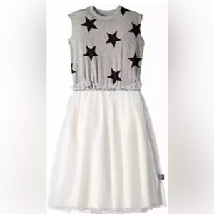 Nununu stars dress grey with black stars white tulle bottom rhinestone waist
